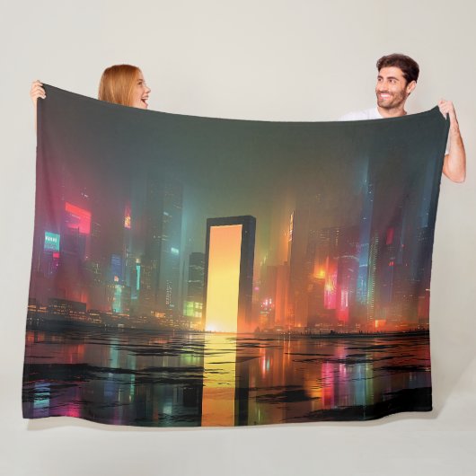 Futuristisch stadslandschap met neonreflecties fleece deken (In situ)