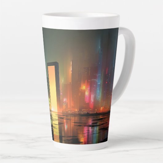 Futuristisch stadslandschap met neonreflecties latte mok (Rechterhoek)