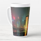 Futuristisch stadslandschap met neonreflecties latte mok (Linkerhoek)