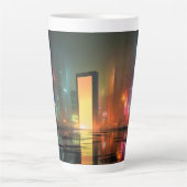 Futuristisch stadslandschap met neonreflecties latte mok (Voorkant)