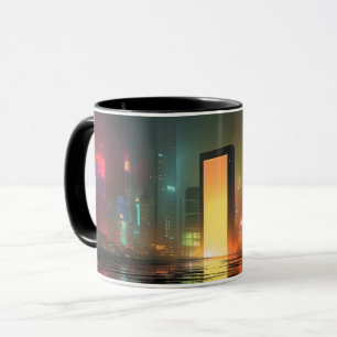 Futuristisch stadslandschap met neonreflecties mok