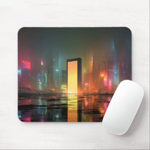 Futuristisch stadslandschap met neonreflecties muismat