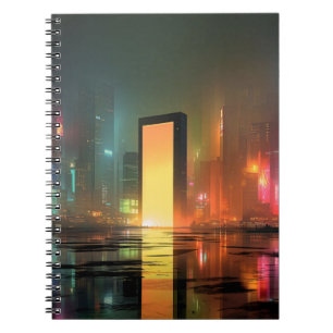 Futuristisch stadslandschap met neonreflecties notitieboek