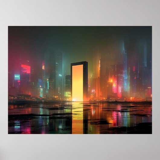 Futuristisch stadslandschap met neonreflecties poster (Voorkant)