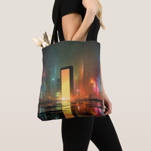 Futuristisch stadslandschap met neonreflecties tote bag (Dichtbij)