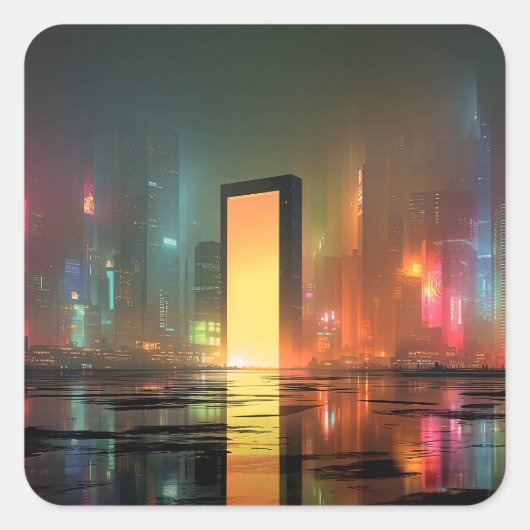 Futuristisch stadslandschap met neonreflecties vierkante sticker (Voorkant)