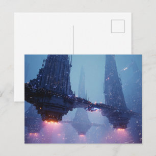 Futuristisch stadslandschap met zwevende structure briefkaart