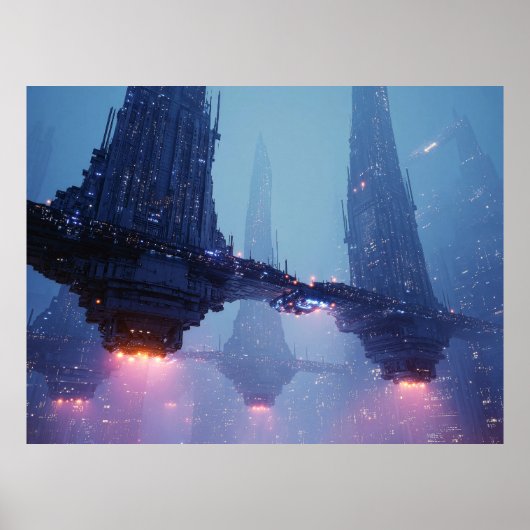 Futuristisch stadslandschap met zwevende structure poster (Voorkant)