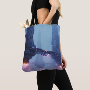 Futuristisch stadslandschap met zwevende structure tote bag