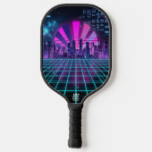 Futuristisch Synthwave Stadslandschap Neon Paars Pickleball Paddle (Achterkant)