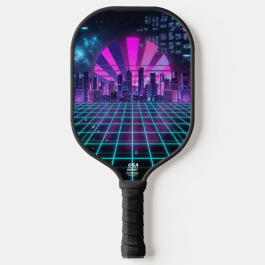 Futuristisch Synthwave Stadslandschap Neon Paars Pickleball Paddle (Voorkant)