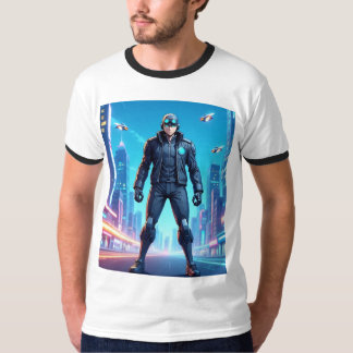 Futuristische Anime Cyberpunk Held Staand in Neon T-shirt