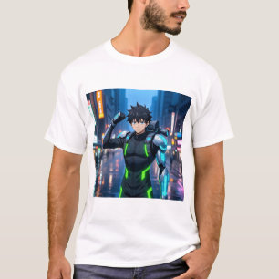 Futuristische Anime Cyborg Jongen in Neon Stad – S T-shirt