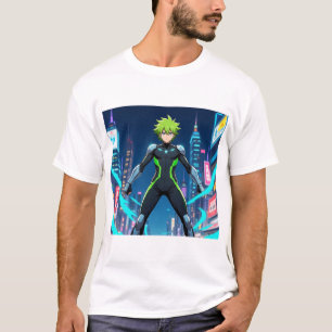 Futuristische anime-held met groen haar in cyberpu t-shirt