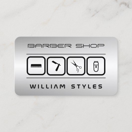 Futuristische barber en haarkapper zilver metaal visitekaartje (Voorkant)