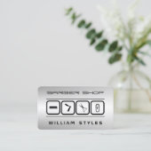 Futuristische barber en haarkapper zilver metaal visitekaartje (Staand voorkant)