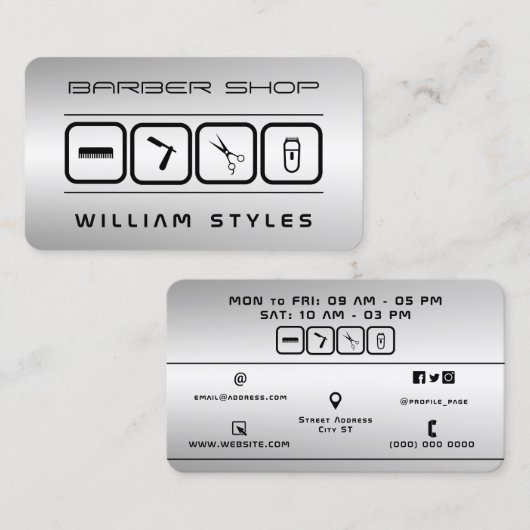 Futuristische barber en haarkapper zilver metaal visitekaartje (Voorkant / Achterkant)