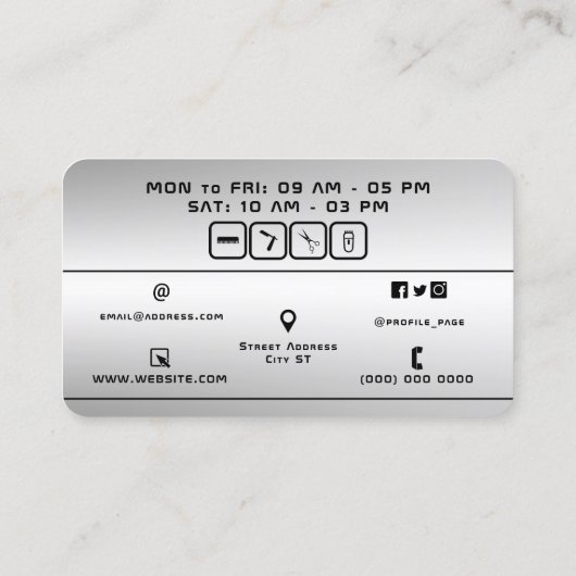 Futuristische barber en haarkapper zilver metaal visitekaartje (Achterkant)