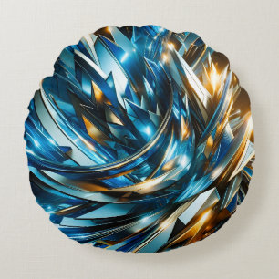 Futuristische Blau Goud Abstract Metaal Geometrisc Rond Kussen