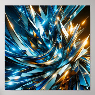Futuristische Blau Goud Abstract Metallische Geome Poster