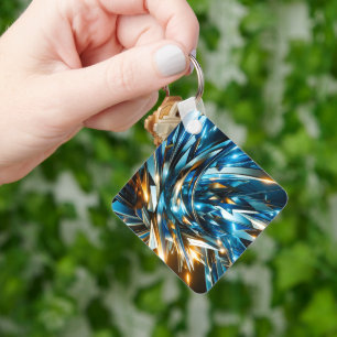 Futuristische Blau Goud Abstract Metallische Geome Sleutelhanger