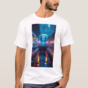 Futuristische blauwe trein met T-shirt met neonver