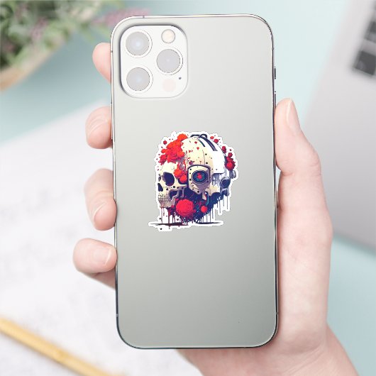 Futuristische Bloemen Schedel & Robot Fusion Sticker (Telefoon)