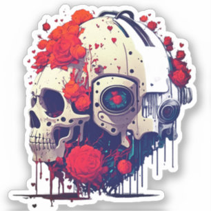 Futuristische Bloemen Schedel & Robot Fusion Sticker