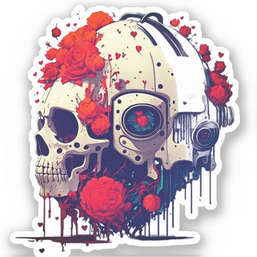 Futuristische Bloemen Schedel & Robot Fusion Sticker (Voorkant)