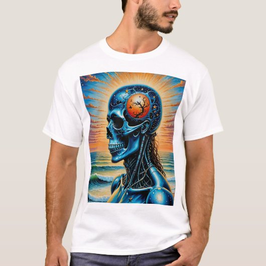 Futuristische Cosmic Skull Art T-shirt Ocean Sunse (Voorkant)