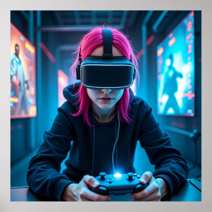 Futuristische Cyber Gamer met AR Visor AI Poster