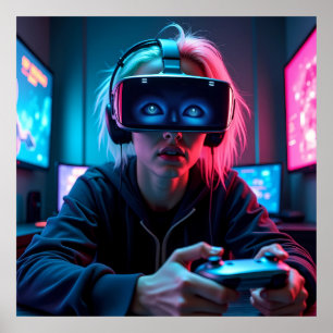 Futuristische Cyber Gamer met AR Visor AI Poster