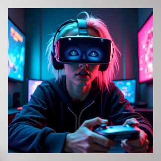 Futuristische Cyber Gamer met AR Visor AI Poster
