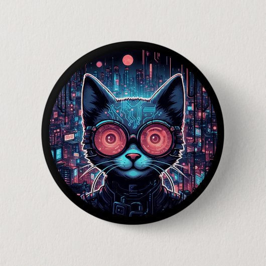 Futuristische cyberkat ronde button 5,7 cm (Voorkant)