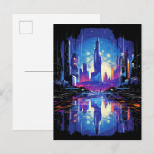 Futuristische Cyberpunk City Skyline Aankondigingskaart (Voorkant / Achterkant)