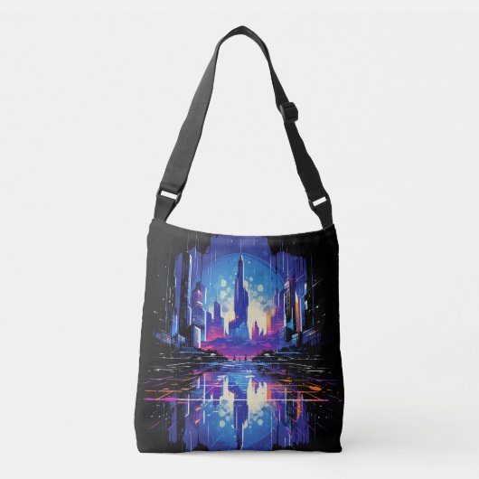 Futuristische Cyberpunk City Skyline Crossbody Tas (Voorkant)