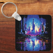 Futuristische Cyberpunk City Skyline Sleutelhanger (Voorkant)