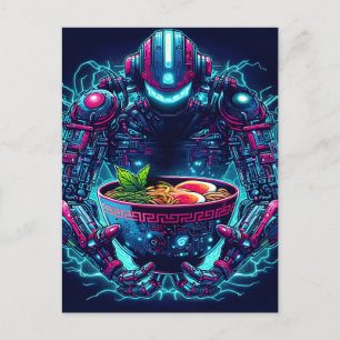 Futuristische Cyberpunk Robot Neon Voedsel Ramen Feestdagenkaart