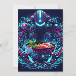 Futuristische Cyberpunk Robot Neon Voedsel Ramen Feestdagenkaart