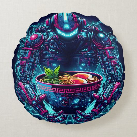 Futuristische Cyberpunk Robot Neon Voedsel Ramen Rond Kussen (Voorkant)
