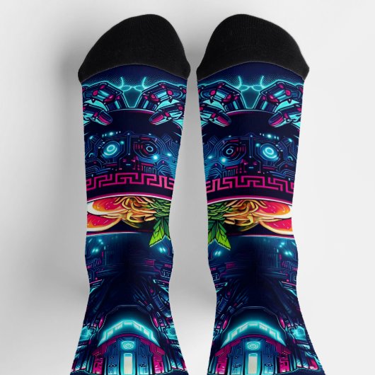 Futuristische Cyberpunk Robot Neon Voedsel Ramen Sokken (Top)
