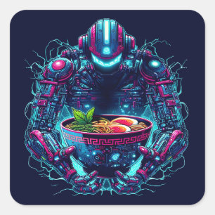 Futuristische Cyberpunk Robot Neon Voedsel Ramen Vierkante Sticker