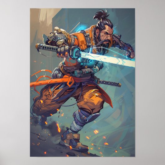 Futuristische Cyberpunk Samurai Holding Laser Kata Poster (Voorkant)