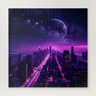Futuristische Cyberpunk Stad 's Nachts – Neon Paar Legpuzzel