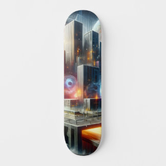 Futuristische drijvende metropool met kosmische po persoonlijk skateboard