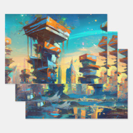 Futuristische dystopische stad, door AI gegenereer Inpakpapier Vel