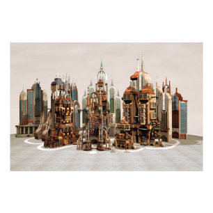 Futuristische Fantasie Stad Sci-Fi Silhouet Kunst Foto Afdruk