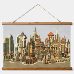 Futuristische Fantasie Stad Sci-Fi Silhouet Kunst Hangend Wandkleed