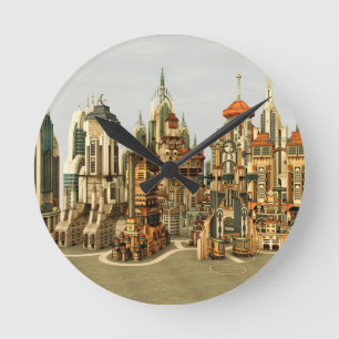 Futuristische Fantasie Stad Sci-Fi Silhouet Kunst Ronde Klok