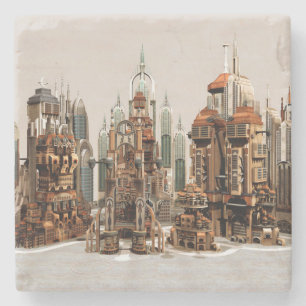 Futuristische Fantasie Stad Sci-Fi Silhouet Kunst Stenen Onderzetter